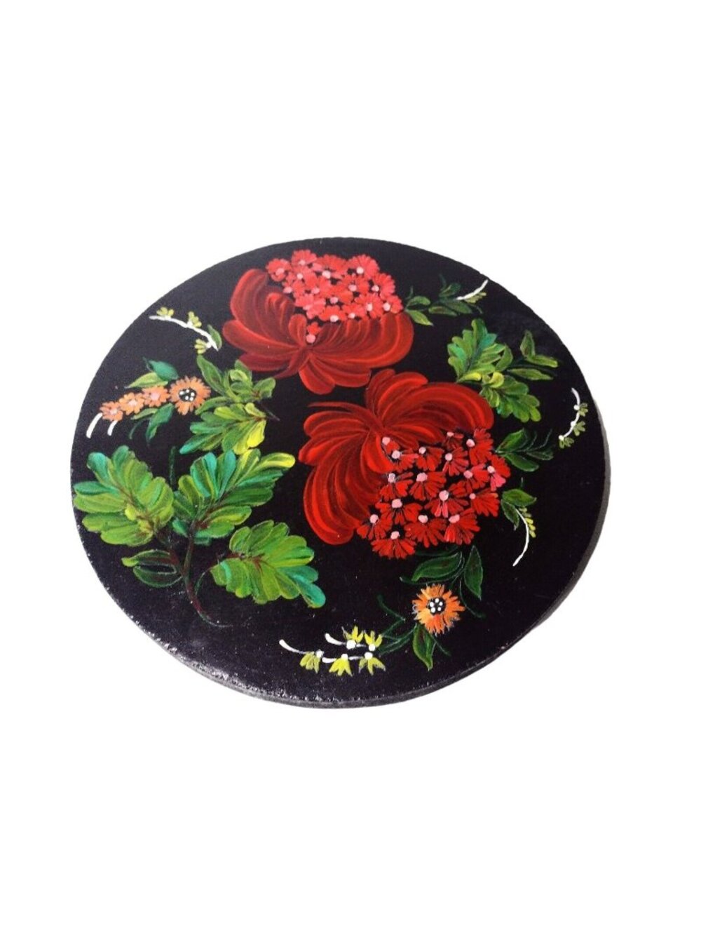 Handpainted Folk Art Floral Wood Wall Hanging Decor Vintage Black Red 11"